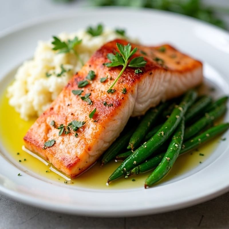Seared Salmon Fillet with Garlic Green Beans and Mashed Cauliflower