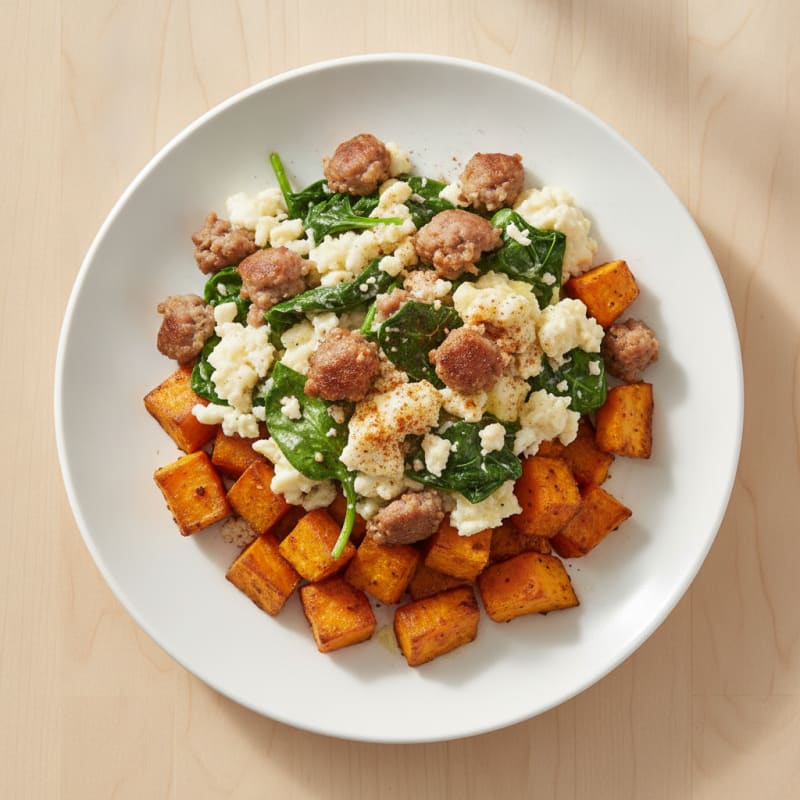 Egg White and Turkey Sausage Scramble with Roasted Sweet Potatoes