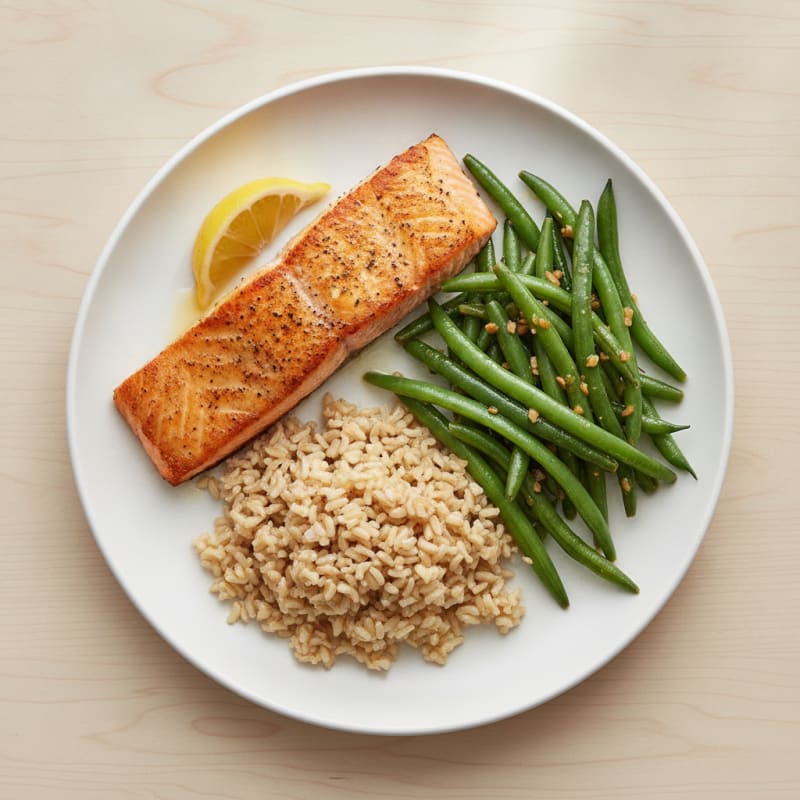 Seared Salmon with Garlic Green Beans and Brown Rice