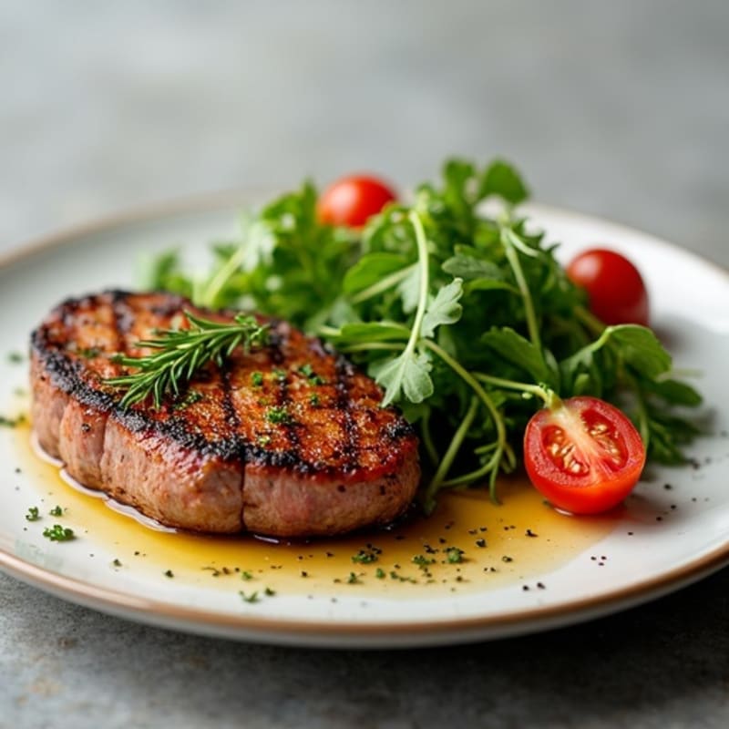Herb-Crusted Pan-Seared Sirloin with Roasted Garlic and Fresh Salad