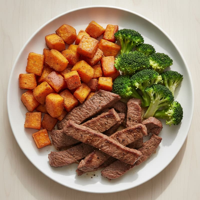 Seared Beef Strips with Roasted Sweet Potatoes and Steamed Broccoli