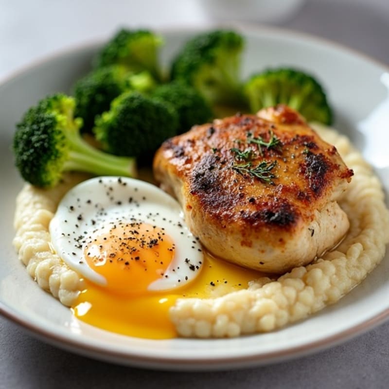 Herb-Roasted Chicken Thighs with Steamed Broccoli and Creamy Grits