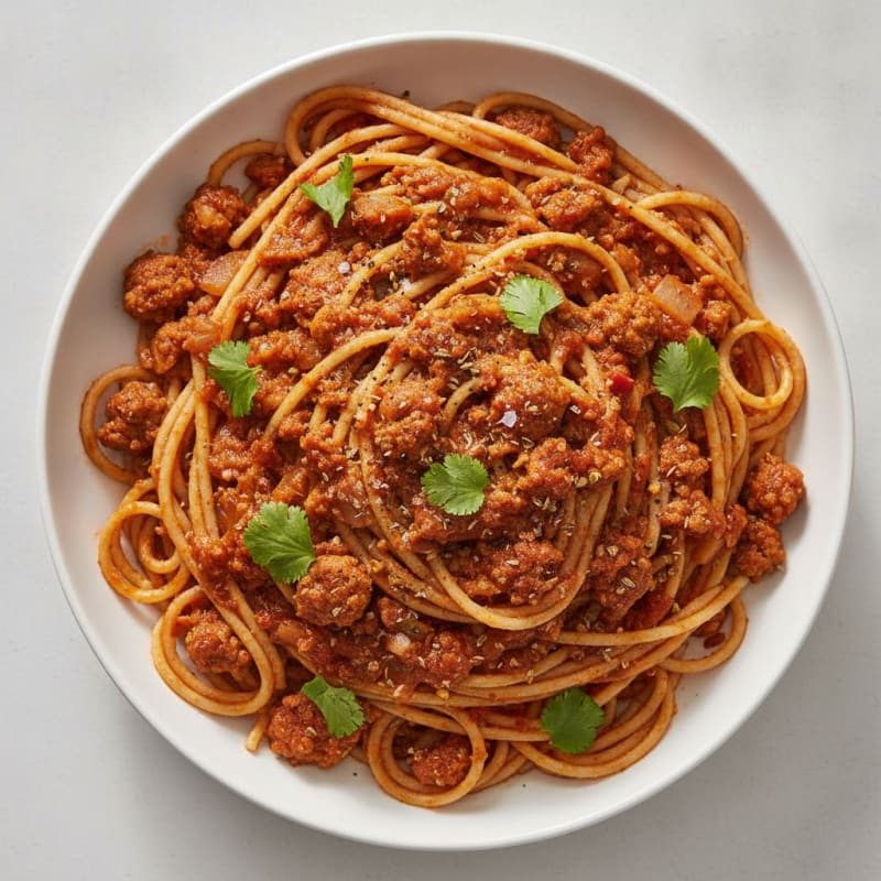 Spaghetti with Turkey Chorizo and Smoky Tomato Sauce