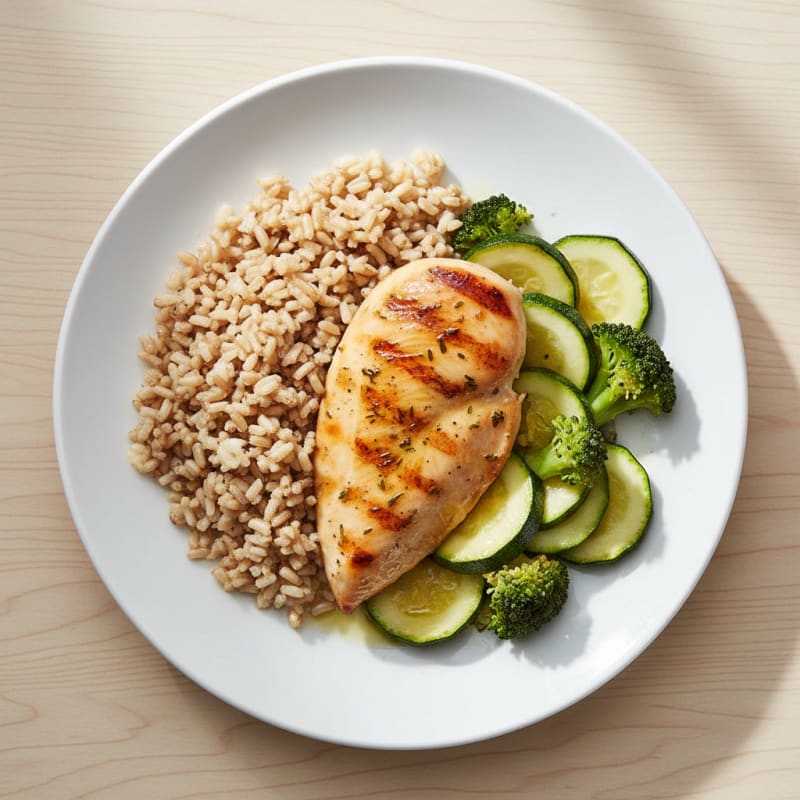 Grilled Chicken Breast with Steamed Zucchini and Cauliflower Rice