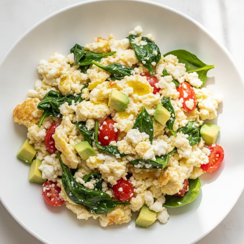 Cottage Cheese Egg White Scramble with Spinach and Tomatoes
