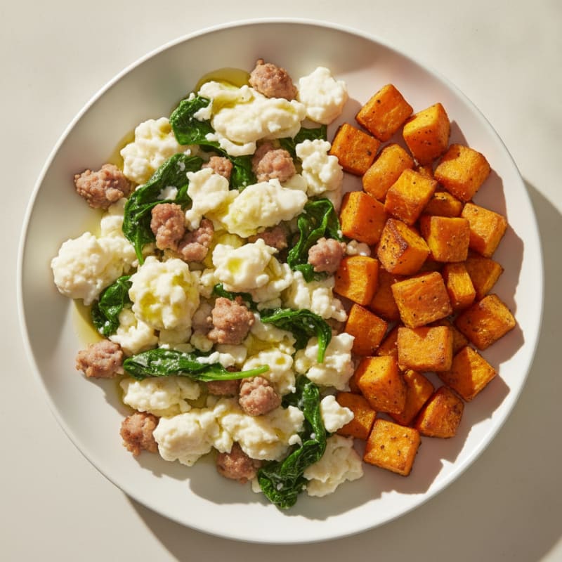 Egg White and Turkey Sausage Scramble with Spinach and Roasted Sweet Potato