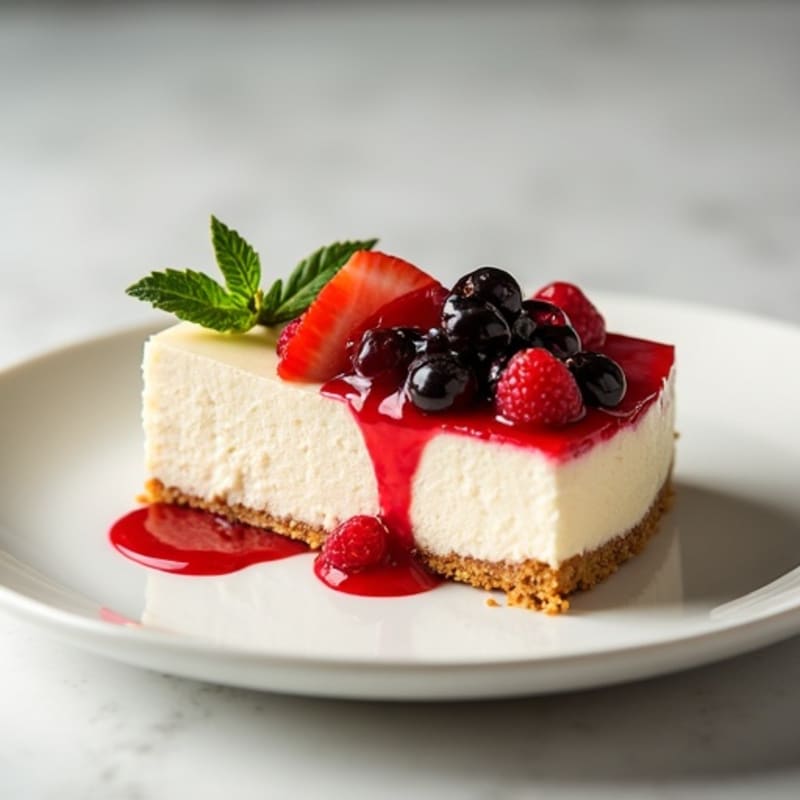 High-Protein Cheesecake with Mixed Fruit Compote