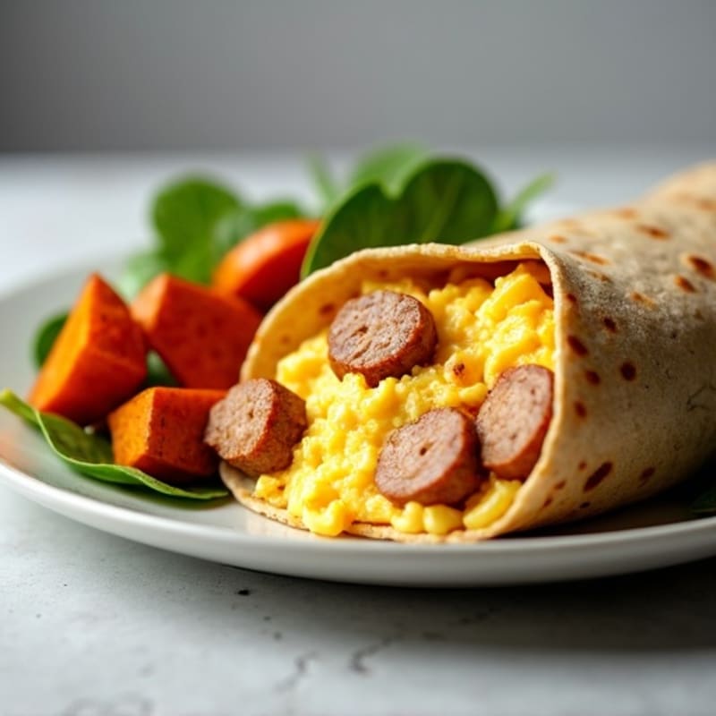 Lean Turkey Sausage and Scrambled Egg Breakfast Burrito with Roasted Sweet Potatoes