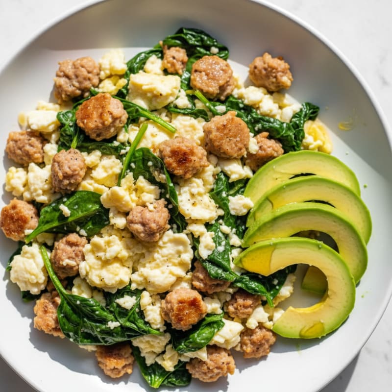 Scrambled Egg Whites with Turkey Sausage and Sautéed Spinach