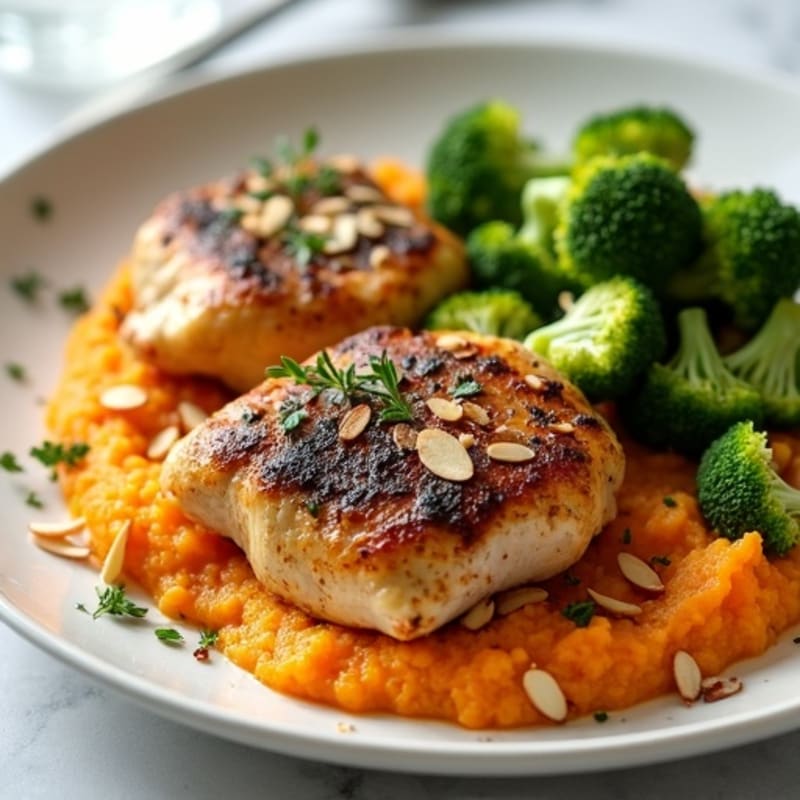 Herb-Roasted Chicken Thighs with Steamed Broccoli and Sweet Potato Mash