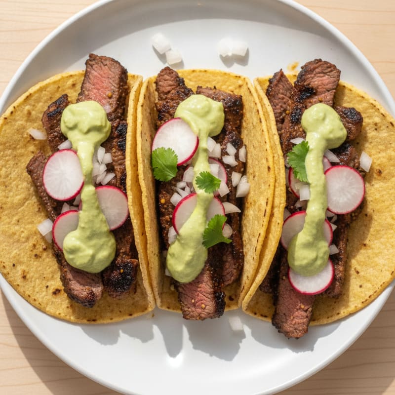 Carne Asada Tacos with Avocado Crema