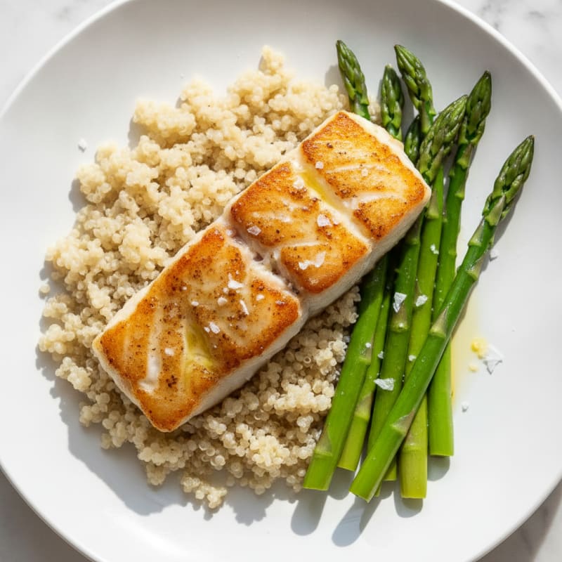 Seared White Fish with Steamed Asparagus and Quinoa