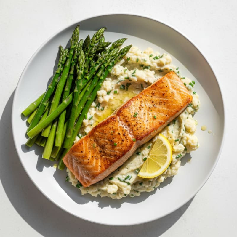Seared Salmon with Steamed Asparagus and Herb-Cauliflower Mash