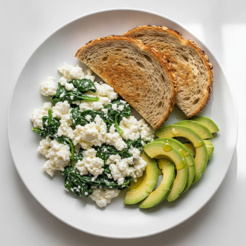 Scrambled Egg Whites with Cottage Cheese and Sautéed Spinach