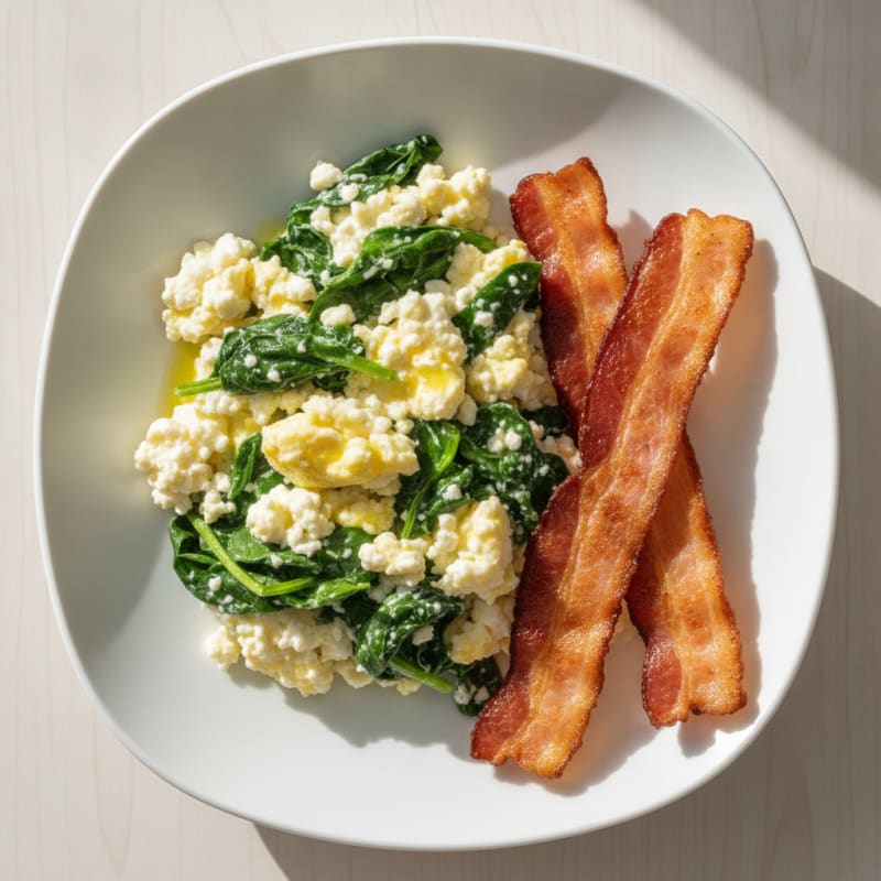 Cottage Cheese Scramble with Spinach and Turkey Bacon