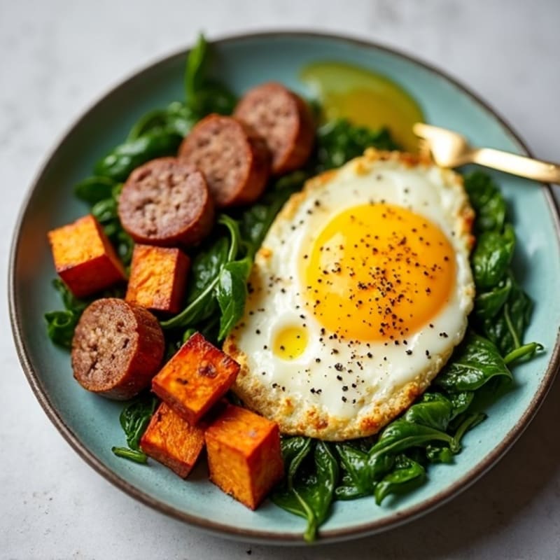 Egg White and Turkey Sausage Scramble with Spinach and Roasted Sweet Potatoes