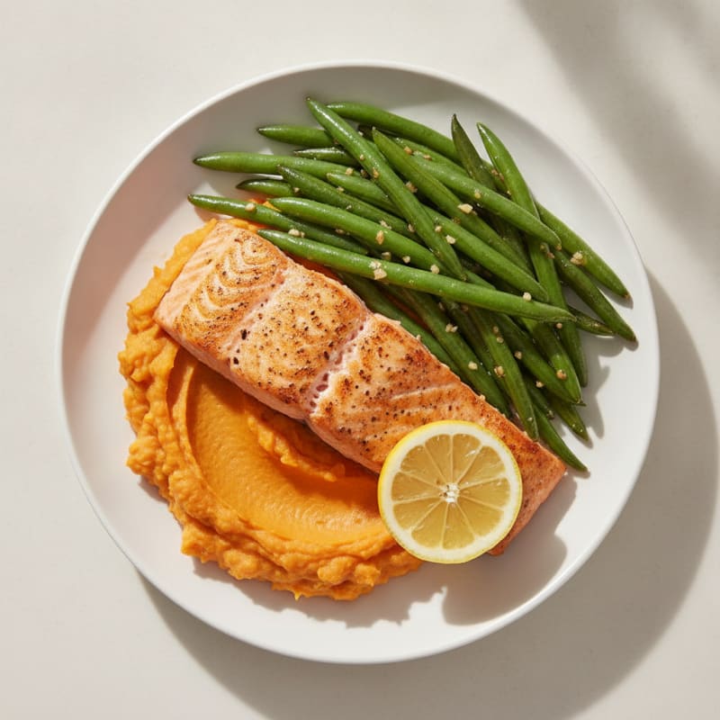 Seared Salmon with Garlic Green Beans and Sweet Potato Mash