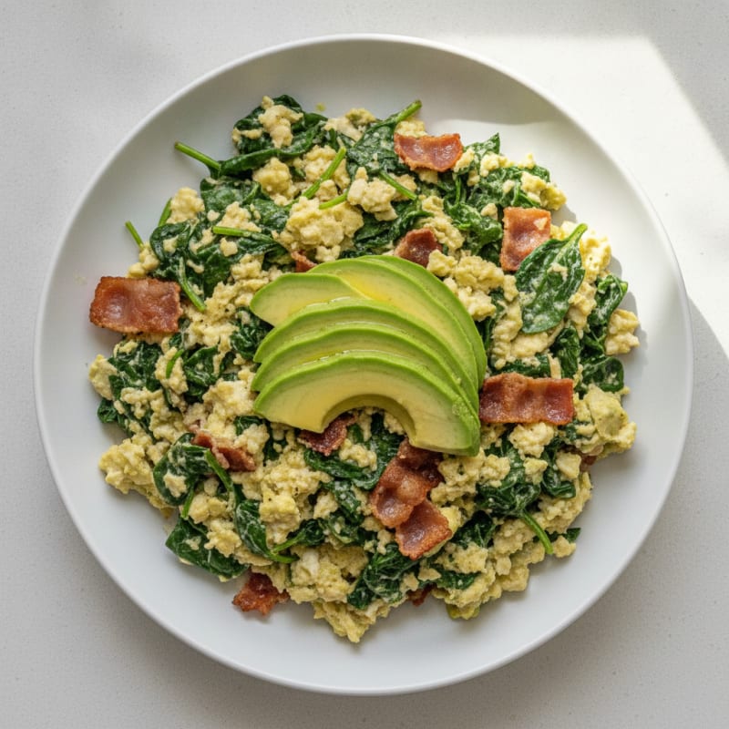 Crispy Turkey Bacon Egg White Scramble with Spinach