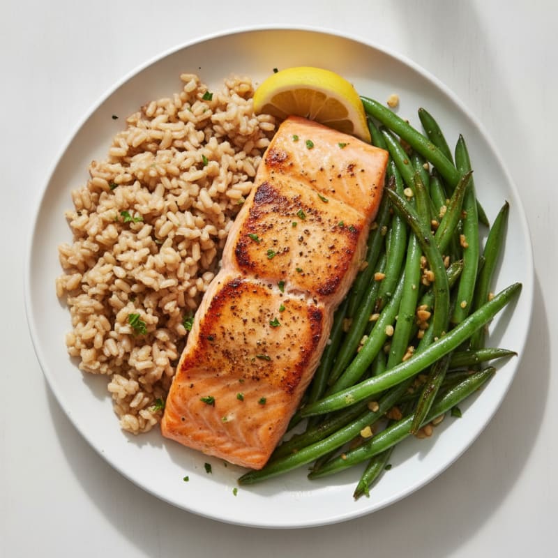 Seared Salmon with Garlic Green Beans and Brown Rice