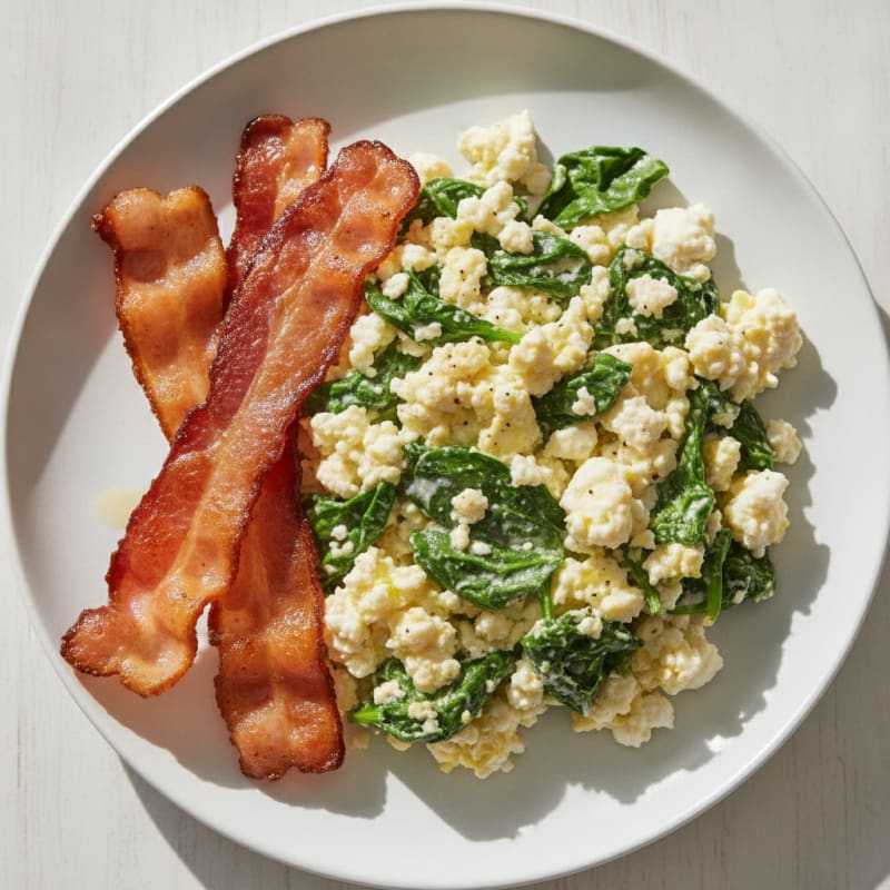 Cottage Cheese Scramble with Spinach and Turkey Bacon