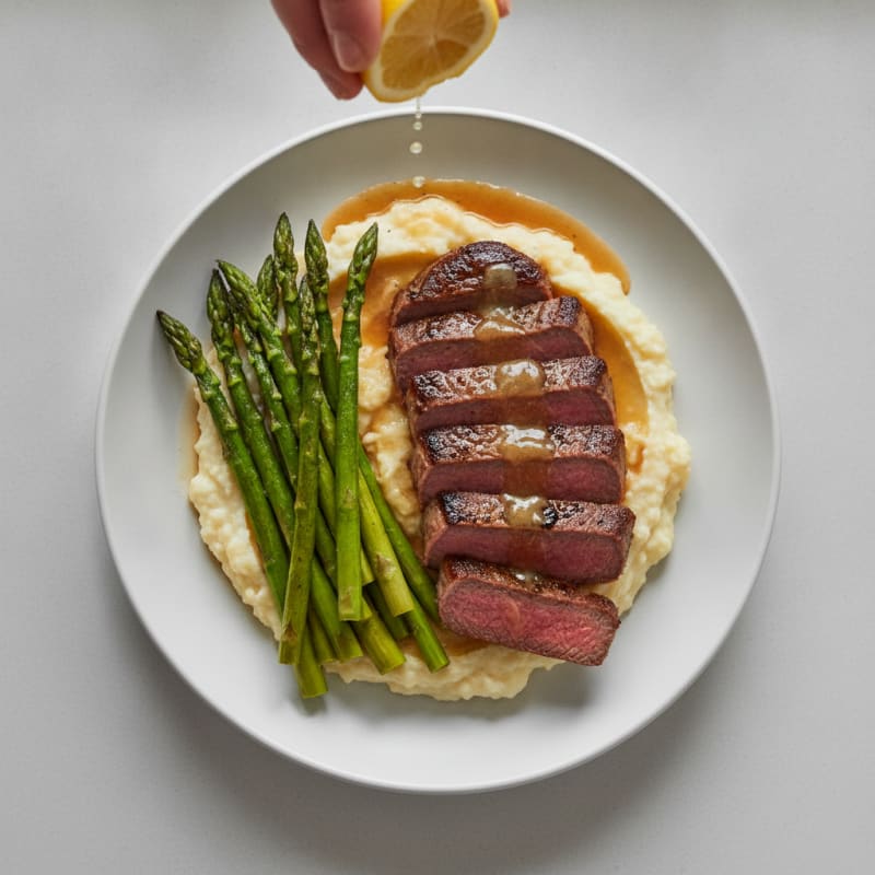 Seared Lean Beef with Garlic Asparagus and Cauliflower Mash