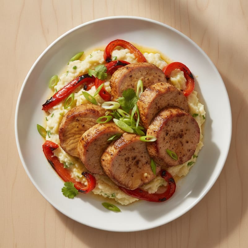 Seared Pork Loin with Garlic-Lime Yuca Mash and Roasted Peppers