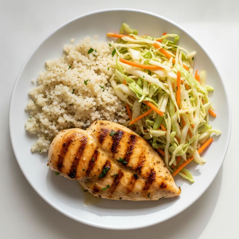 Grilled Chicken Breast with Crunchy Cabbage Slaw and Quinoa