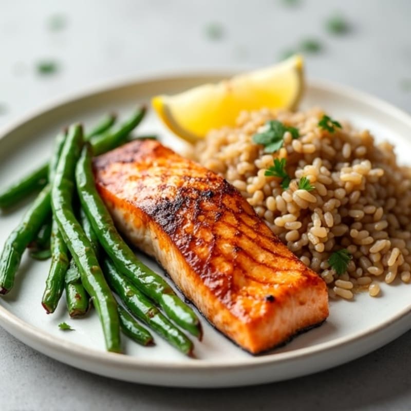 Seared Salmon with Garlic Green Beans and Brown Rice