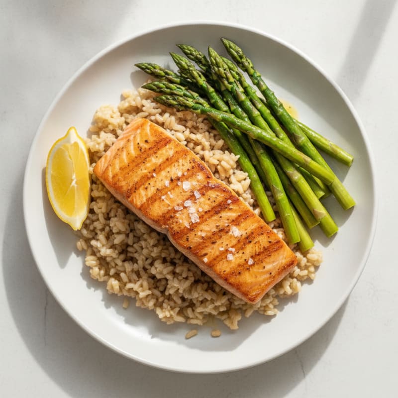 Seared Salmon with Steamed Asparagus and Brown Rice