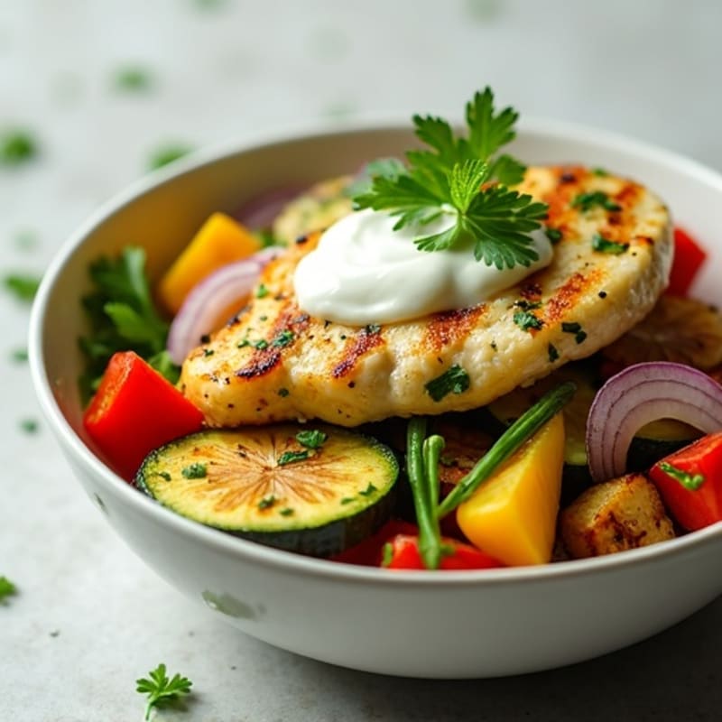 Lemon-Herb Pan-Seared Chicken and Roasted Vegetable Bowl with Creamy Avocado Dressing