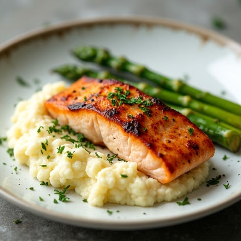 Seared Salmon with Roasted Asparagus and Cauliflower Mash