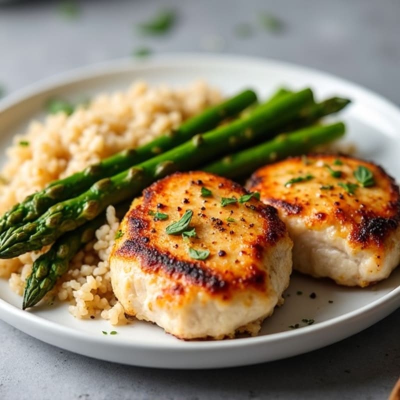 Pan-Seared Chicken Thighs with Garlic Asparagus and Brown Rice