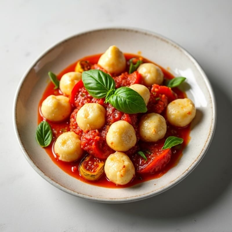 Soft Ricotta Gnocchi with Fresh Tomato Sauce and Roasted Vegetables