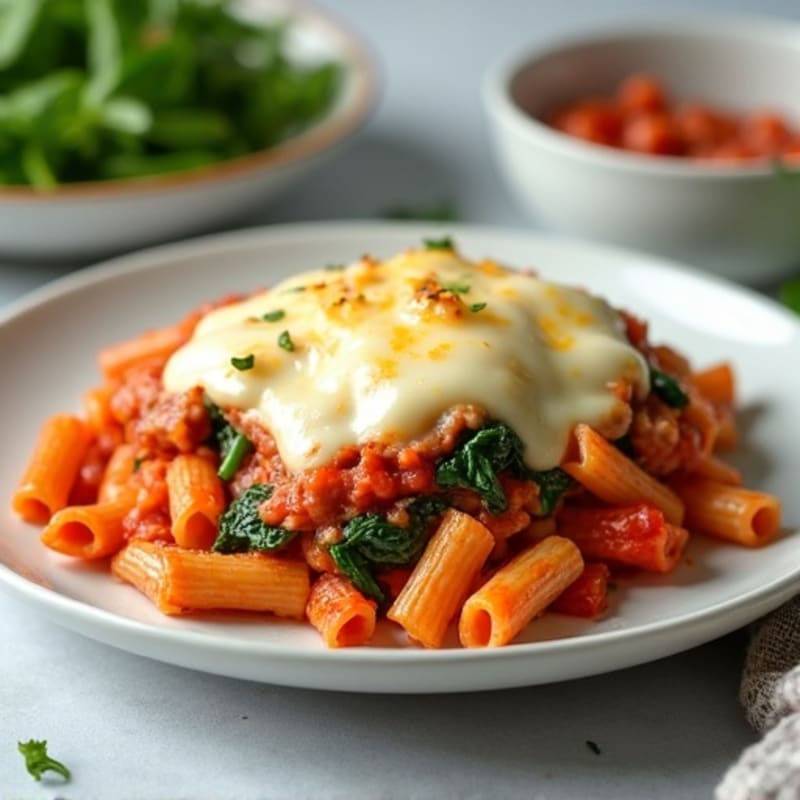 Cheesy Baked Ziti with Lean Ground Turkey and Spinach
