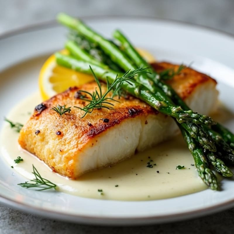 Roasted Black Cod with Crispy Asparagus and Lemon-Dill Sauce