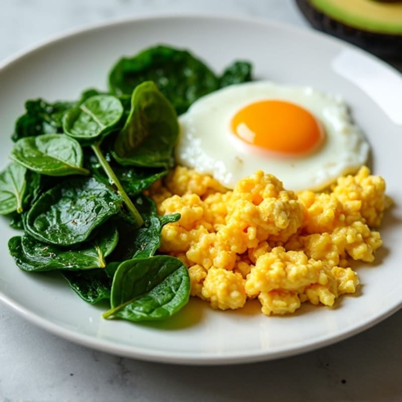 Scrambled Eggs with Sautéed Spinach and Creamy Avocado