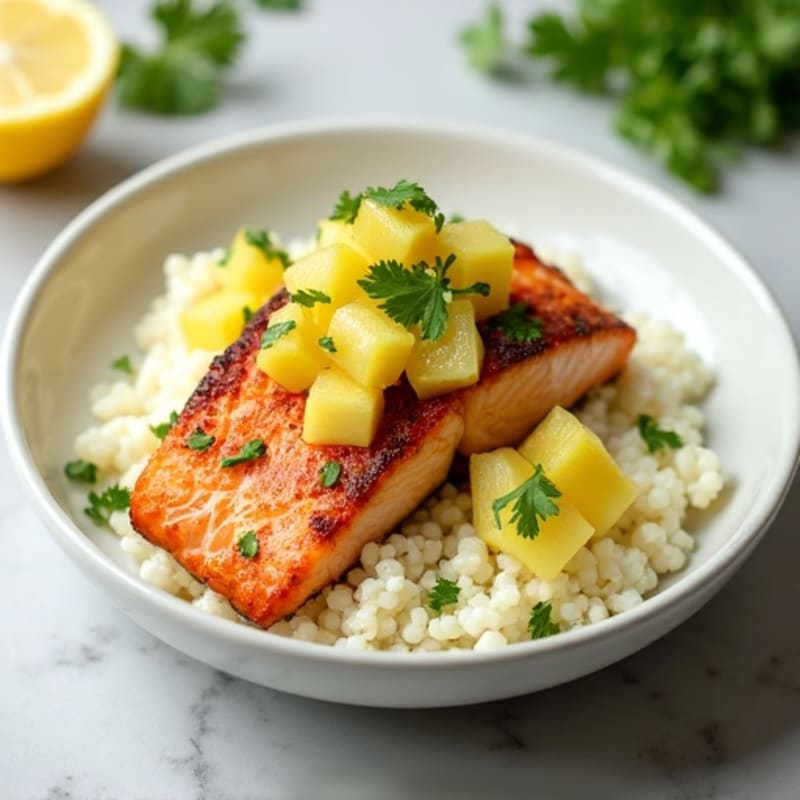 Crispy Lemon-Garlic Salmon with Creamy Coconut-Lime Cauliflower Rice and Roasted Pineapple Salsa