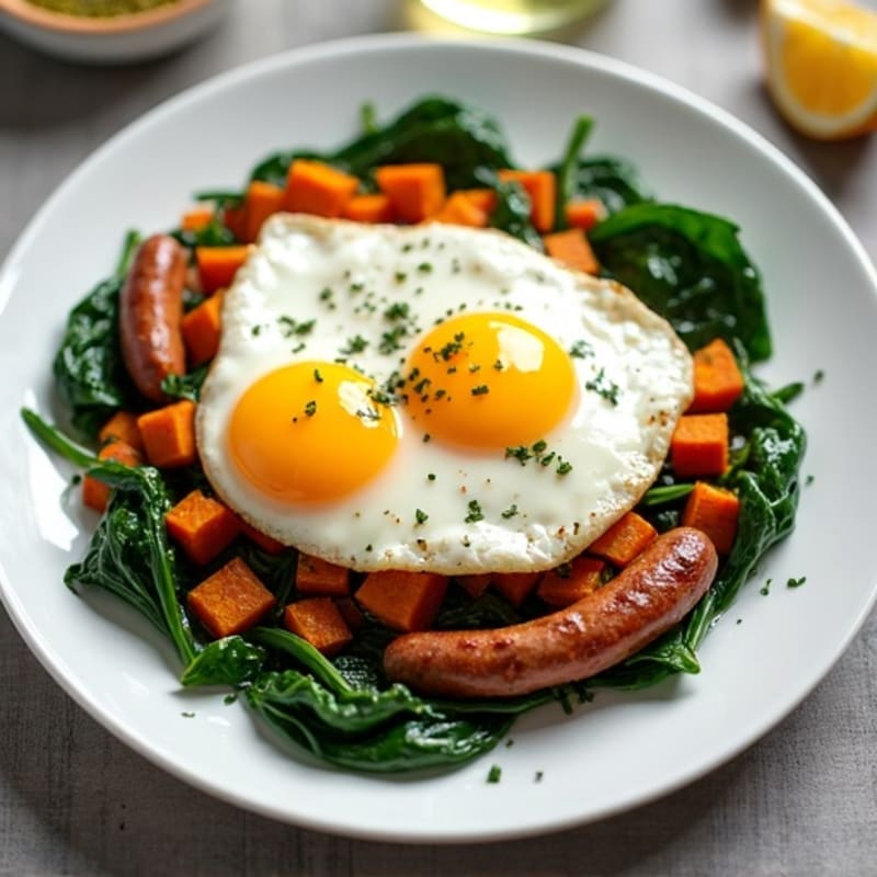 Over Easy Eggs with Crispy Sweet Potato Hash and Sautéed Spinach