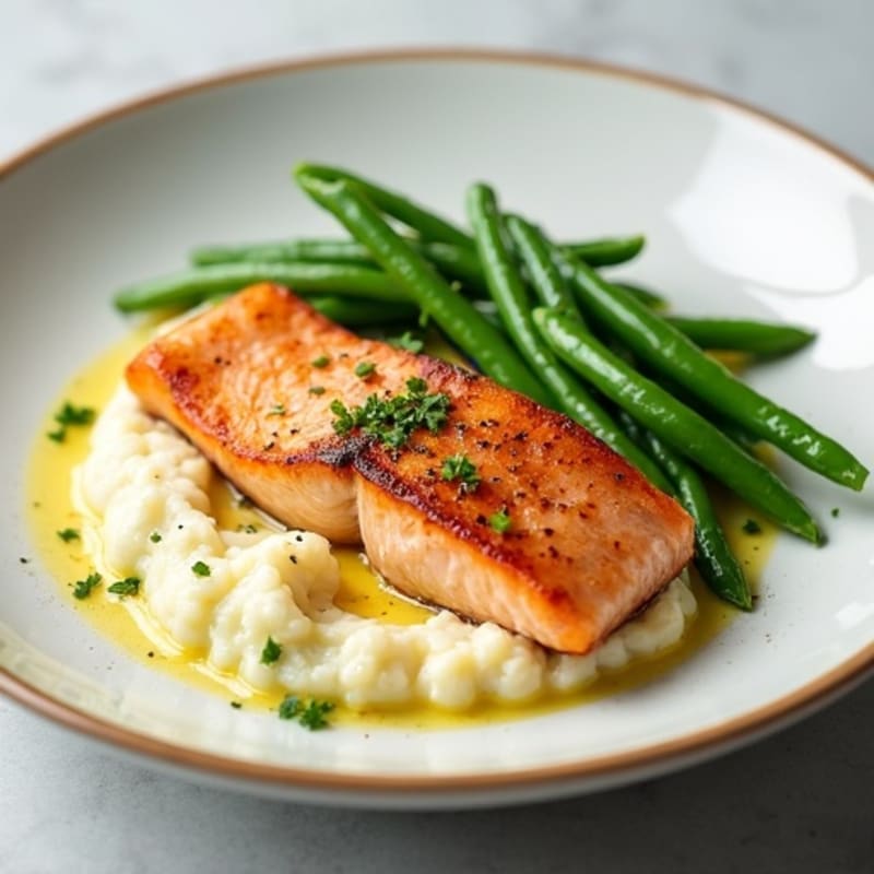 Seared Salmon with Steamed Green Beans and Cauliflower Mash