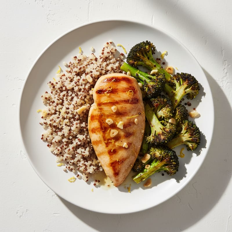 Grilled Lemon-Garlic Chicken Breast with Quinoa and Roasted Broccoli
