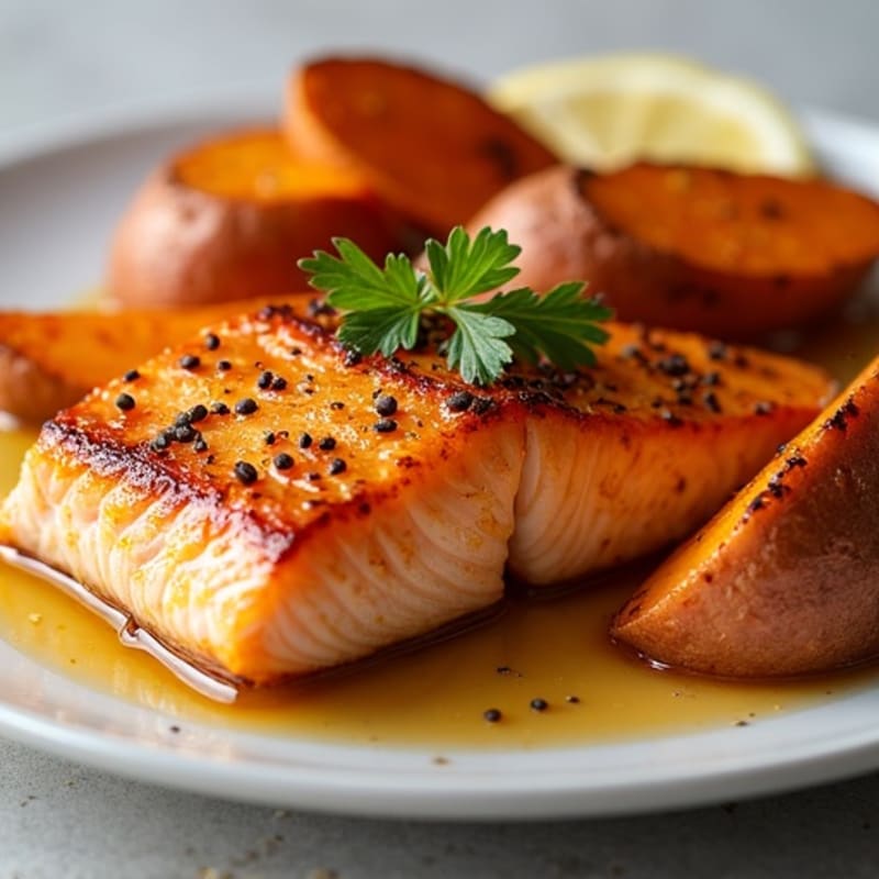 Honey-Glazed Pan Seared Salmon with Roasted Sweet Potato Wedges