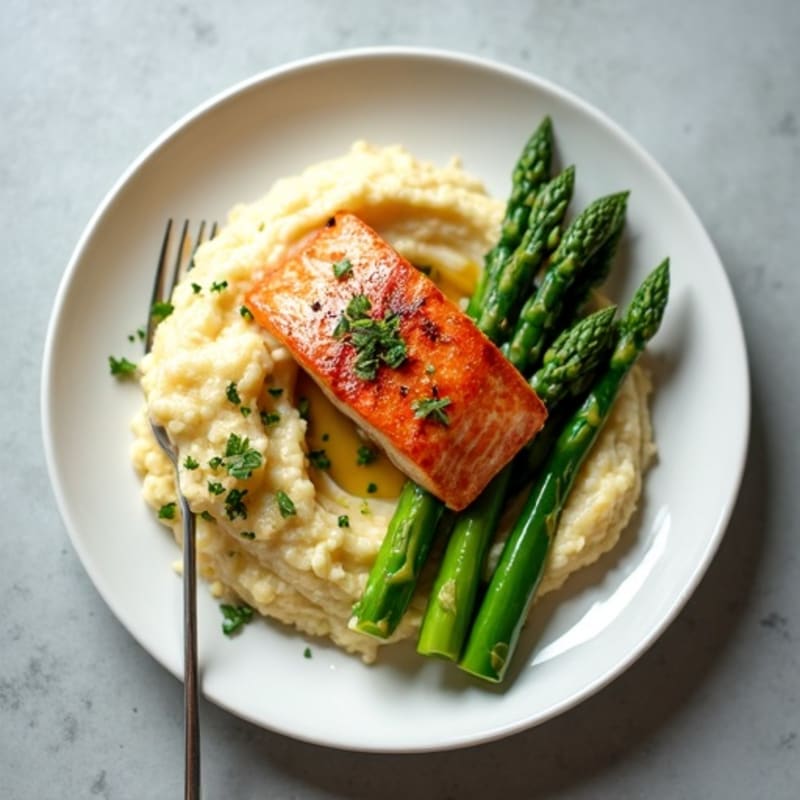 Seared Salmon with Steamed Asparagus and Cauliflower Mash