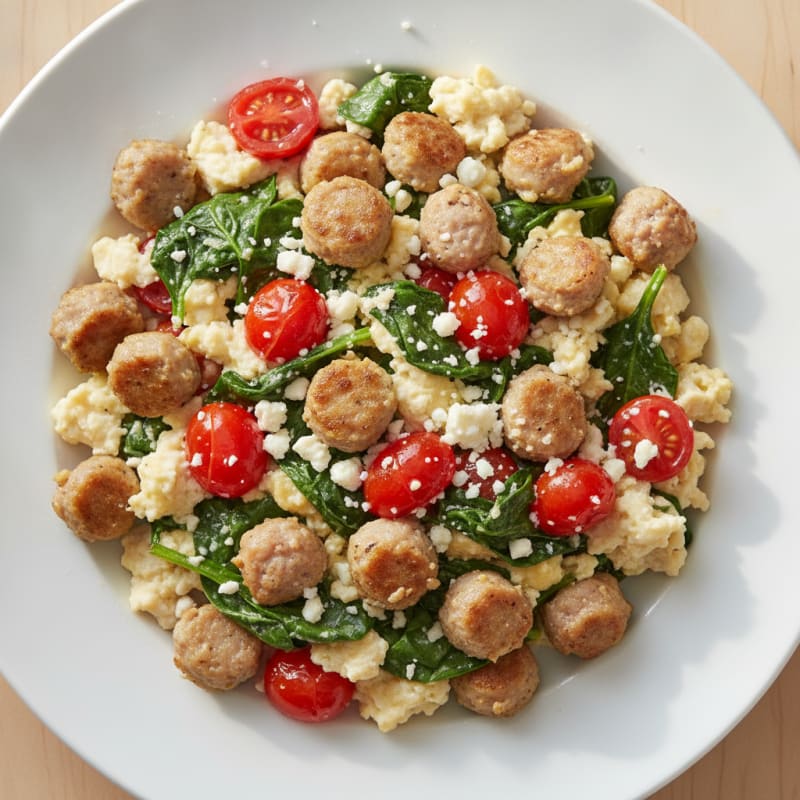 Egg White and Turkey Sausage Scramble with Spinach and Tomatoes