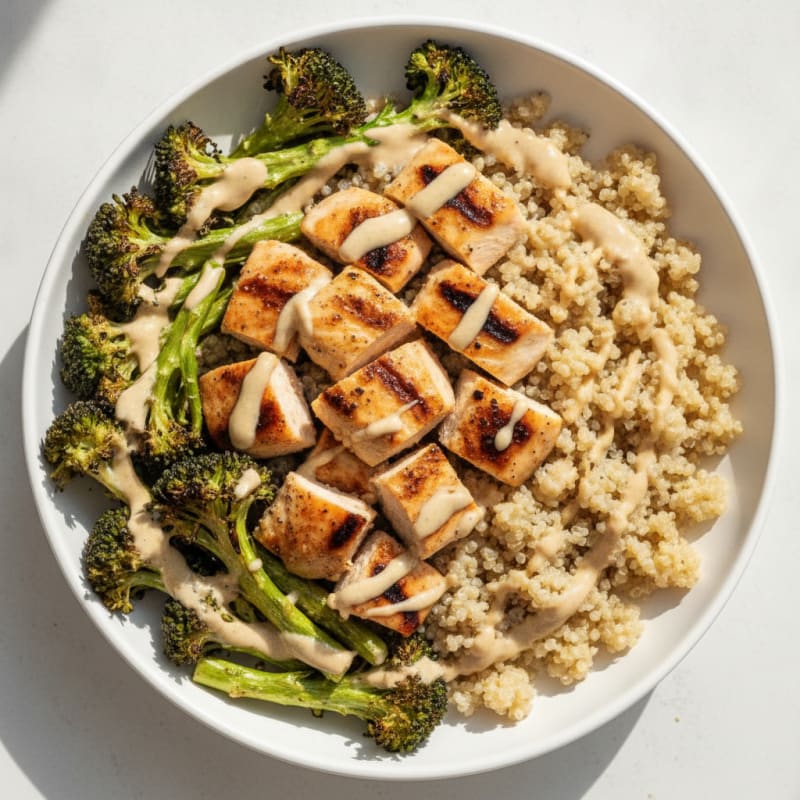 Grilled Chicken and Quinoa Bowl with Roasted Broccoli and Lemon Tahini Drizzle