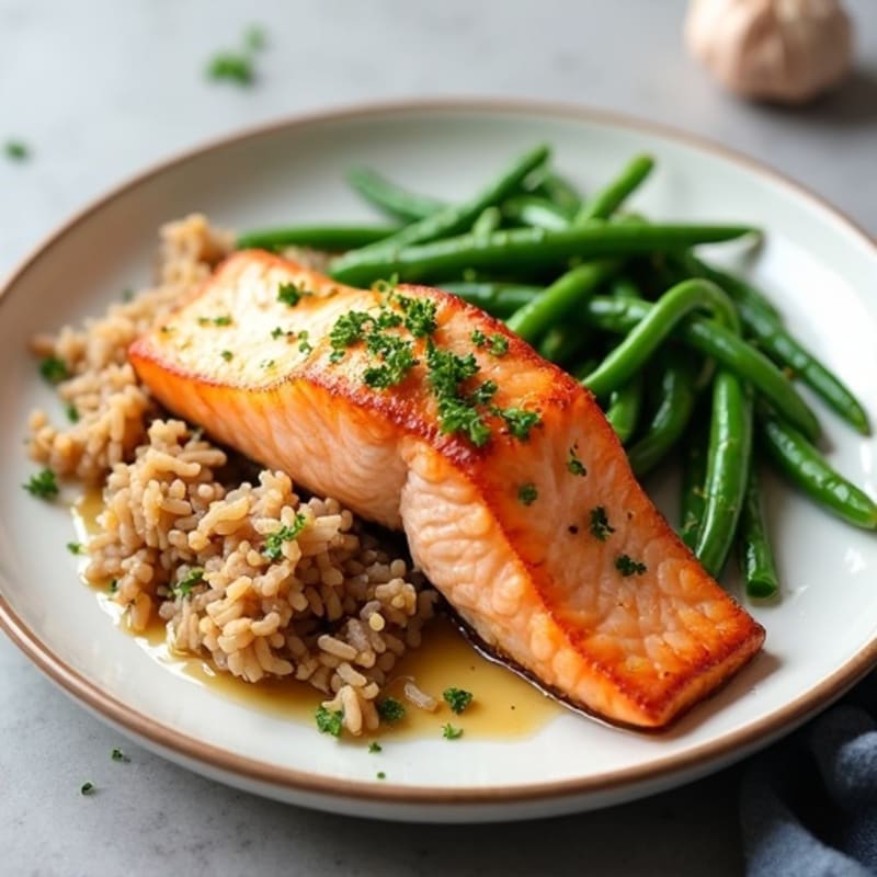 Seared Salmon Fillet with Garlic Green Beans and Brown Rice