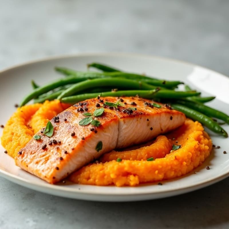 Seared Salmon with Garlic Green Beans and Sweet Potato Mash