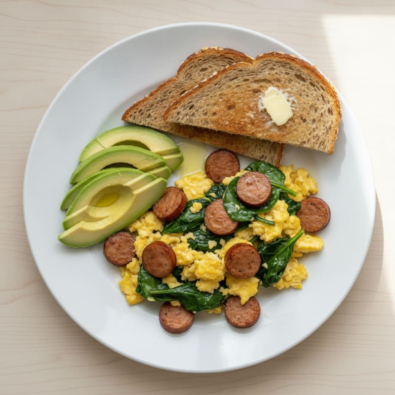 Scrambled Eggs with Spinach and Smoked Turkey Sausage