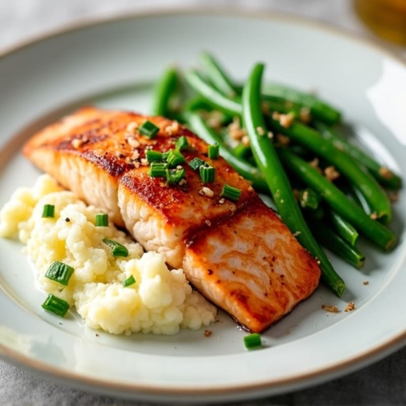 Seared Salmon with Garlic Green Beans and Mashed Cauliflower