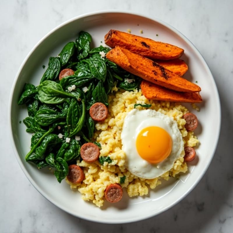 Egg White and Turkey Sausage Scramble with Spinach and Roasted Sweet Potatoes