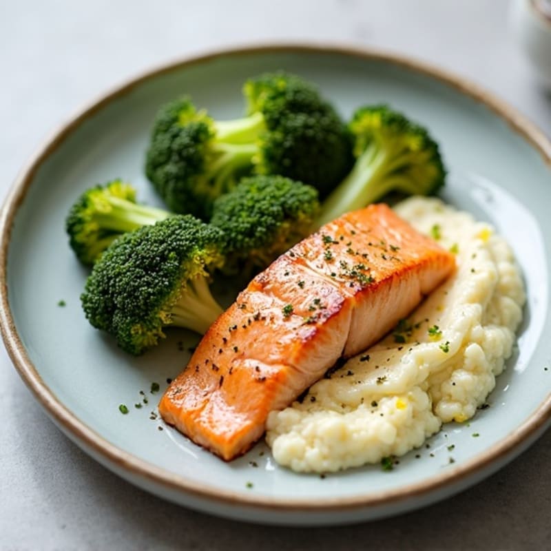 Seared Salmon with Roasted Broccoli and Garlic Cauliflower Mash
